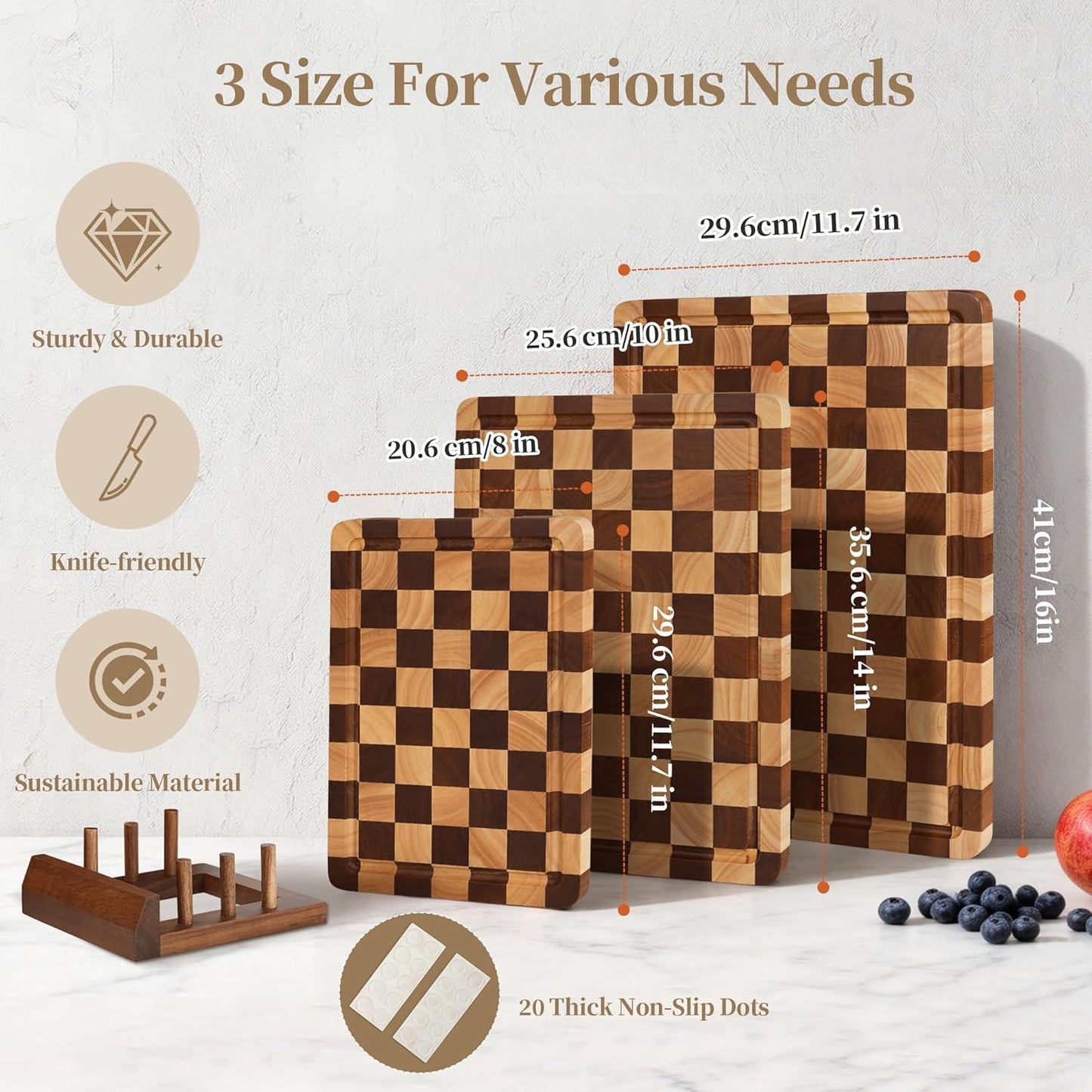 Checkered Cutting Board for Kitchen - Solid Wood End Grain Checkerboard Chopping Board with Handle & Juice Groove, Double Sided for Cooking, Serving and Decor, Rectangular 16" x 12" x 1"