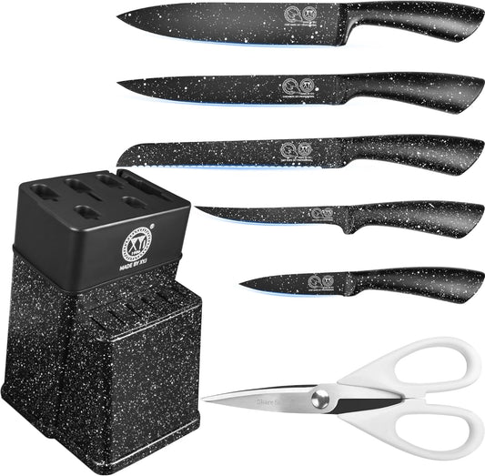 XYJ Authentic Since 1986, Professional Kitchen Knife Block Set, Stainless Steel Japanese Knives Set With Knife Block Holder, Scissors, Paring Boning Steak Slicing Bread Chef Knife for Home Kitchen