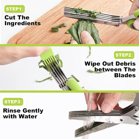 LUVCOSY Herb Scissors, Premium Stainless Steel 5 Blade Kitchen Salad Scissors Dishwasher Safe, Sharp and Convenient 5 Blade with Safety Cover, Herb Stripping Tool and Cleaning Comb