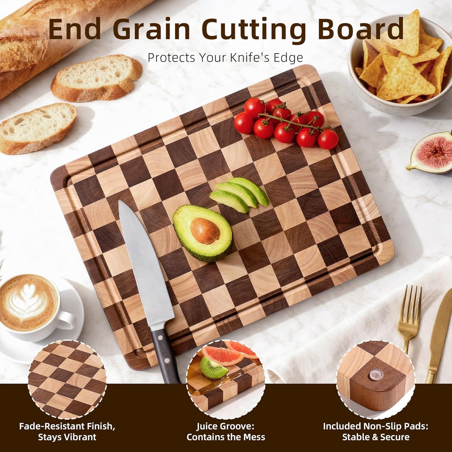 Checkered Cutting Board for Kitchen - Solid Wood End Grain Checkerboard Chopping Board with Handle & Juice Groove, Double Sided for Cooking, Serving and Decor, Rectangular 16" x 12" x 1"