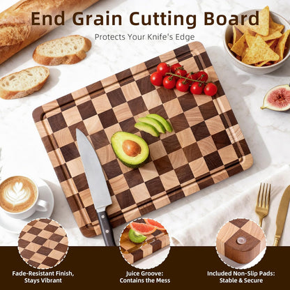 Checkered Cutting Board for Kitchen - Solid Wood End Grain Checkerboard Chopping Board with Handle & Juice Groove, Double Sided for Cooking, Serving and Decor, Rectangular 16" x 12" x 1"