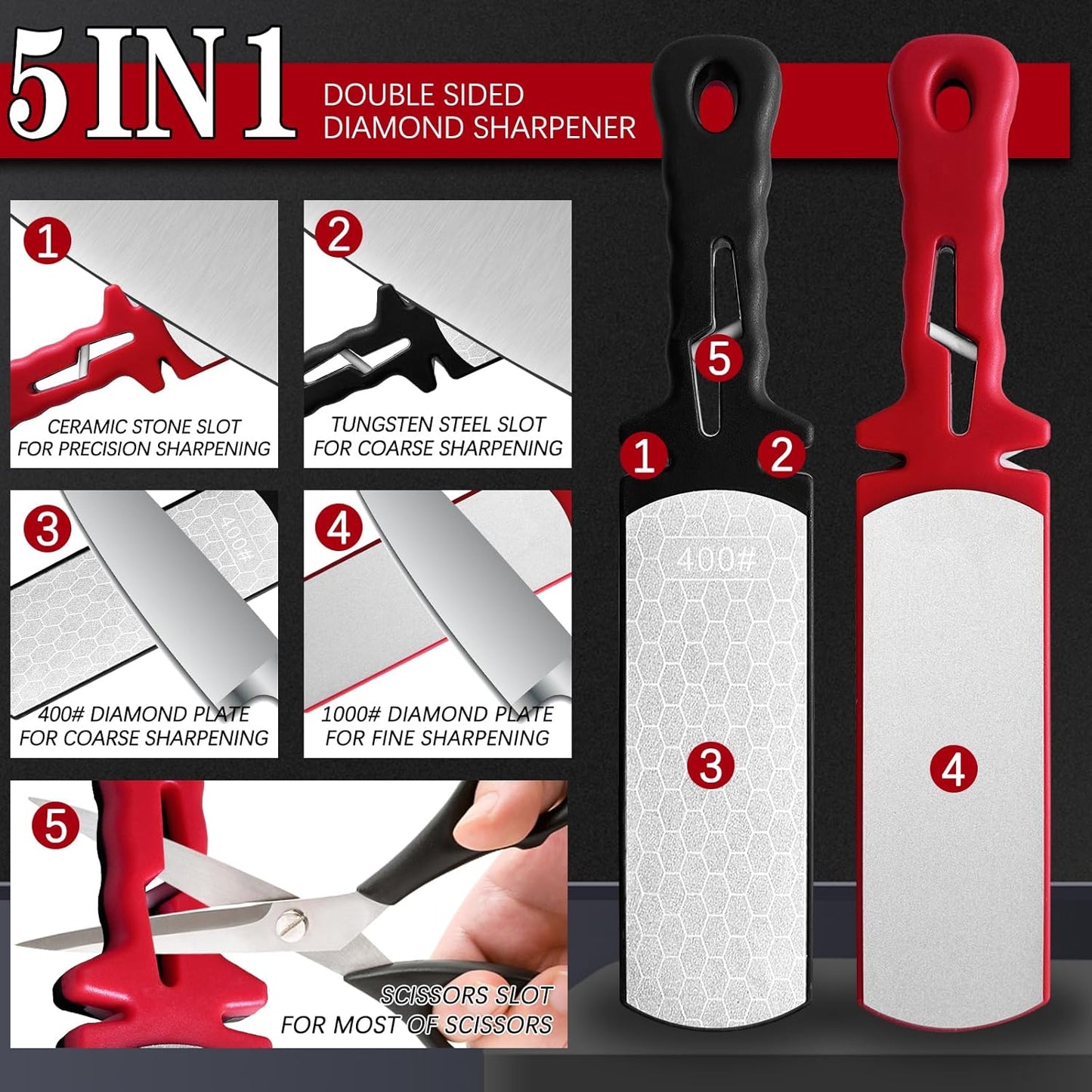 Diamond Sharpening Stone,400/1000 Grit Handheld Double-Sided Diamond Sharpener 5 in 1 Honeycomb Surface Knife Sharpener Plate Whetstone with Ceramic & Tungsten Steel Scissor Slot,Red