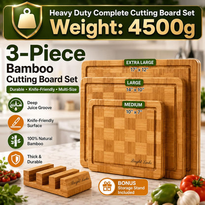 Bamboo Cutting Board Set with Juice Groove, End Grain Cutting Boards, Set of 3 with Holder, Extra Large17 x 12 Inch,1 Inch Thick Heavy Weight 9.5 lb Non-Toxic Wood Chopping Boards for Meat, Vegetables