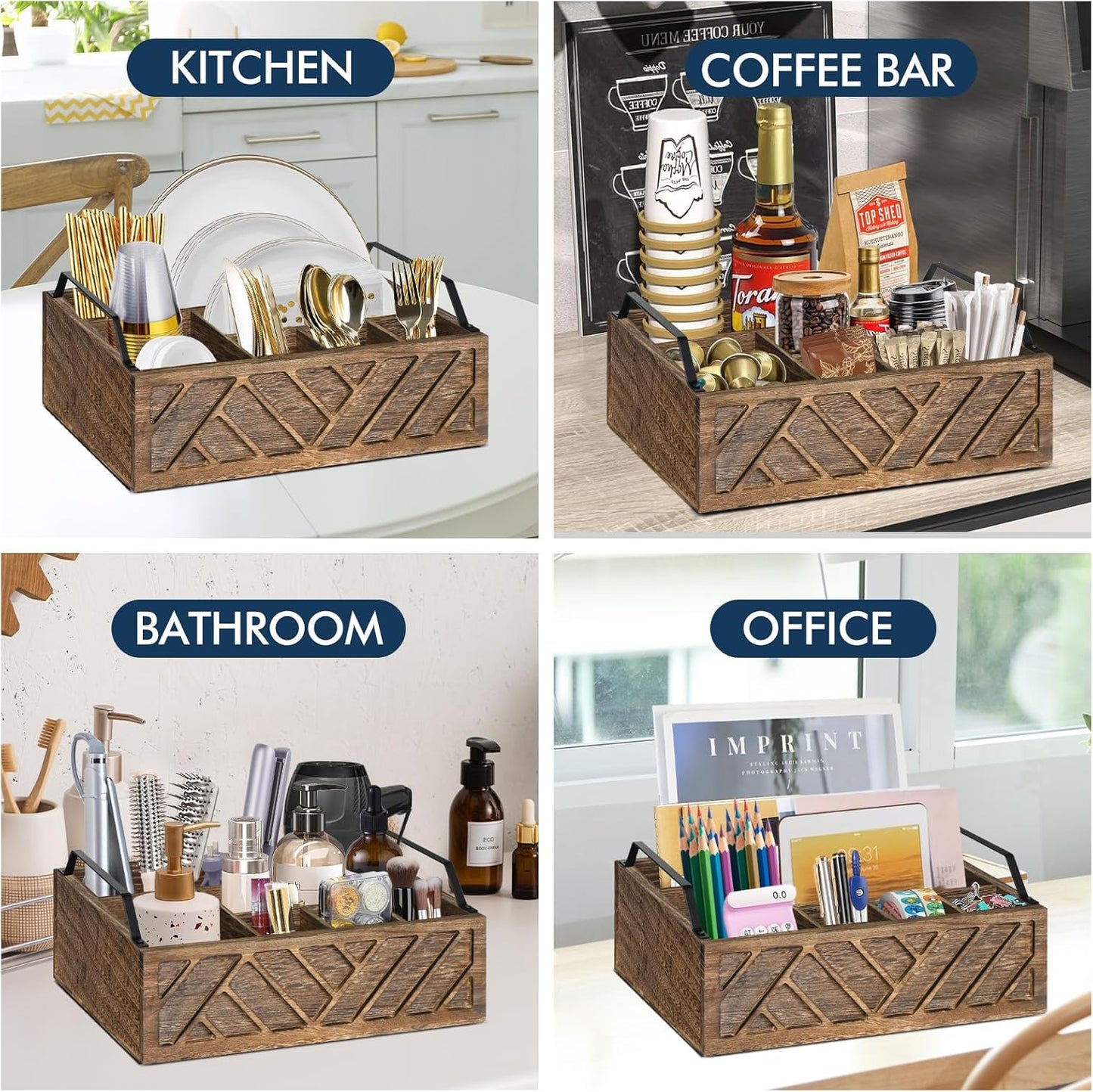 Ukonvi Paper Plate Dispenser, Paper Plate Holder for Kitchen Counter, Wood Rustic Silverware Utensil Caddy, Cutlery Flatware Organizer Box for Cups Spoons Forks Plates Napkins, Kitchen Accessories