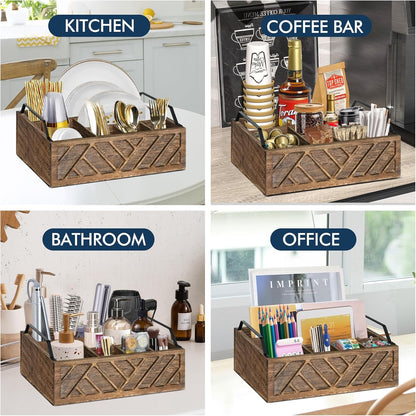 Ukonvi Paper Plate Dispenser, Paper Plate Holder for Kitchen Counter, Wood Rustic Silverware Utensil Caddy, Cutlery Flatware Organizer Box for Cups Spoons Forks Plates Napkins, Kitchen Accessories
