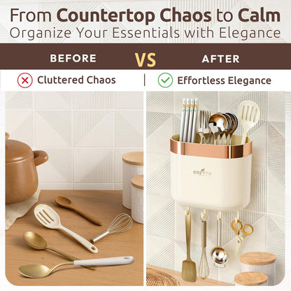 COZYTO LuxTray U1-Pro Wall Mounted Utensil Holder – Kitchen Organizer with Hooks, Dividers & Drain Tray, No-Drill Adhesive Wall Mount Storage, BPA-Free (Cream White & Shiny Silver)