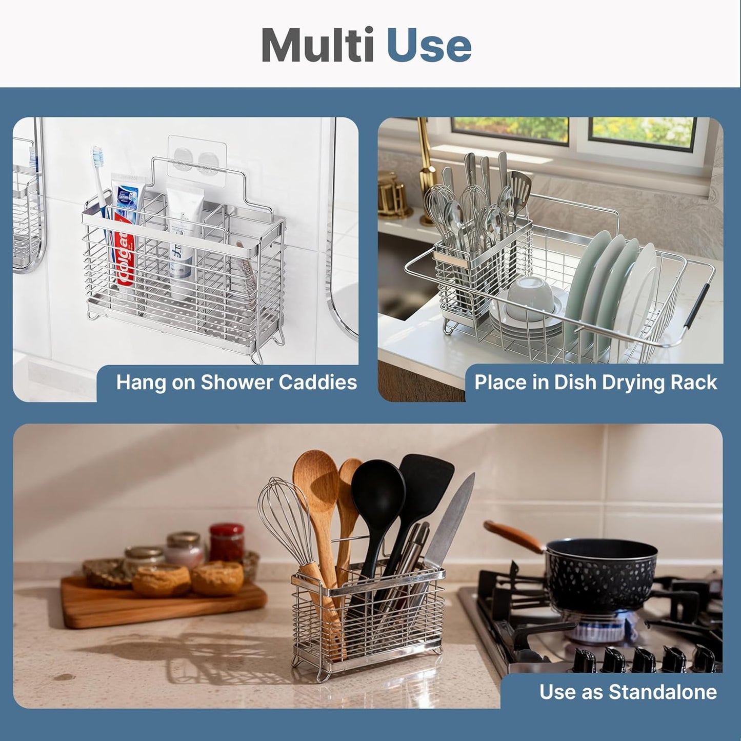 KESOL Kitchen Utensil Holder, Stainless Steel Utensil Drying Rack Flatware Holder Sinkware Caddy Countertop Organizer with 4 Divided Compartments, Rust Proof