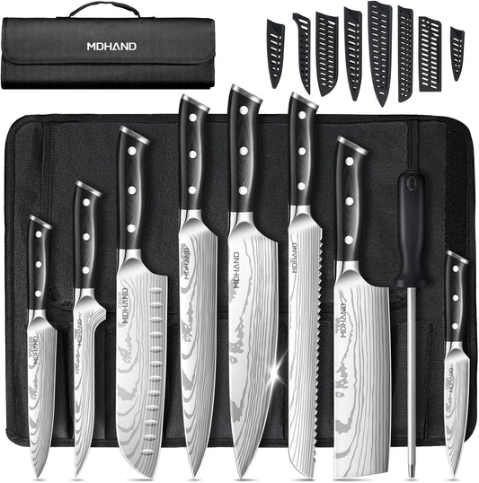 MDHAND Knife Set, 18PCS Professional Chef Knife Set with Roll Bag, High Carbon Stainless Steel Ultra Sharp Japanese Kitchen Knife Set with Full Tang Pakkawood Handle, Dishwasher Safe, Ideal Gift