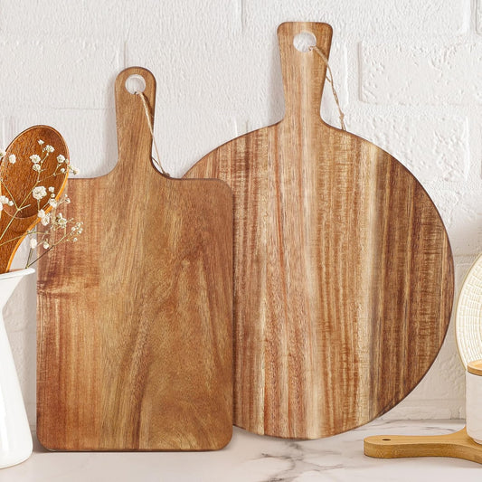 Hsei 2 Pcs Acacia Wood Cutting Board with Handle Wooden Charcuterie Board Large Paddle Carving Chopping Set Butter Serving Tray for Cheese Meat Fruit Pizza Bread Baking(Practical Handle)