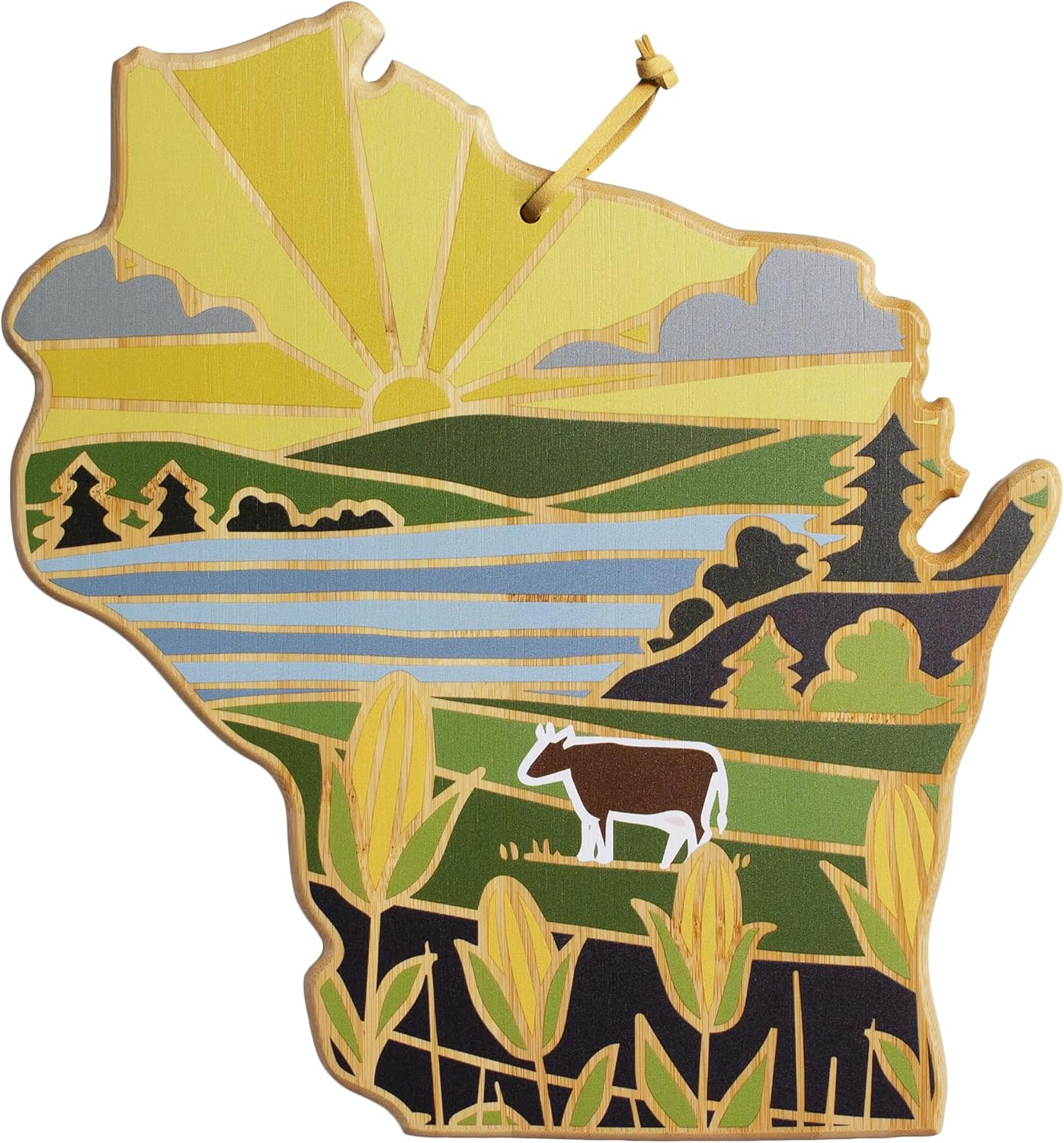Totally Bamboo North Carolina State Shaped Cutting Board and Charcuterie Serving Platter with Artwork by Summer Stokes, Includes Hang Tie for Wall Display 18" x 8" x 5/8" - Colors B