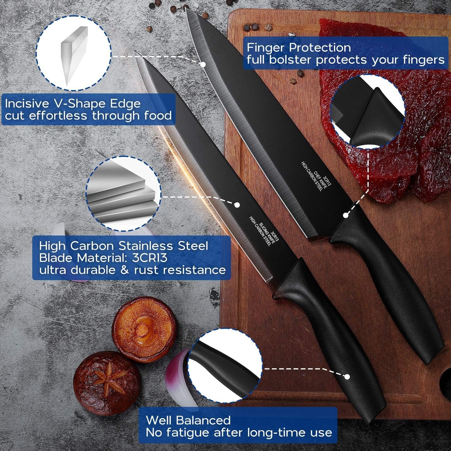 Onader 12 Pieces Kitchen Knife Set with Blade Guards, Stainless Steel Sharp Knife Set for Kitchen, Multicolor