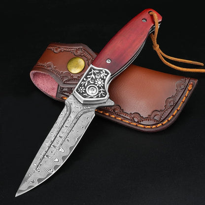 KOMWERO Damascus Pocket Knife for Men, VG10 Core Damascus Steel Folding Knife with Wood Handle, Ball Bearing, Thumb Hole, Liner Lock, Sheath for EDC Outdoor Survival Hunting