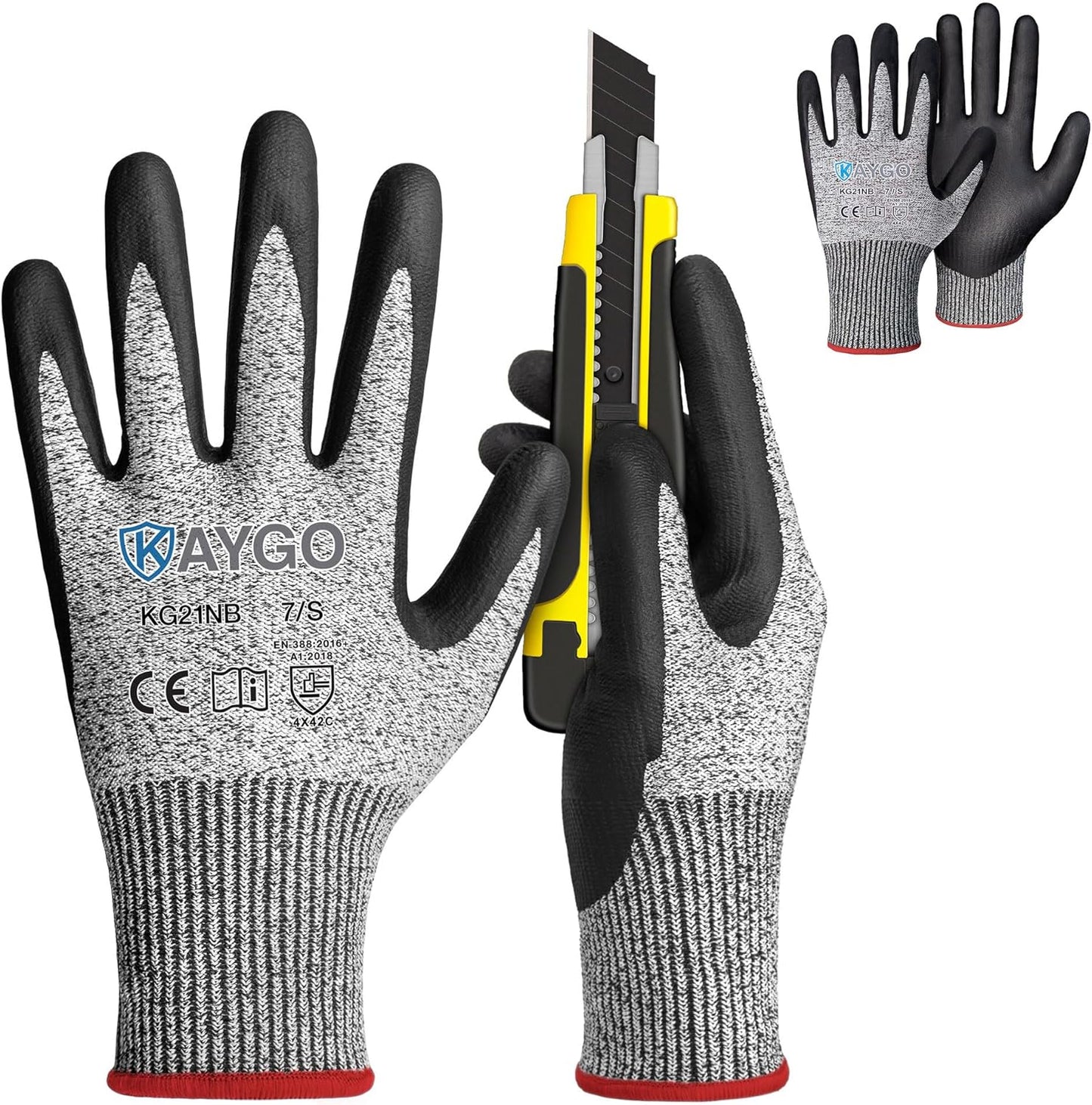 KAYGO 12 Pairs Cut Resistant Work Gloves for Men and Women,ANSI A3 Cutting Gloves,Nitrile Micro-Foam Safety Work Gloves KG21NB,Ideal for Wood Carving,Glass Handling, Construction,Fishing,Grey,S