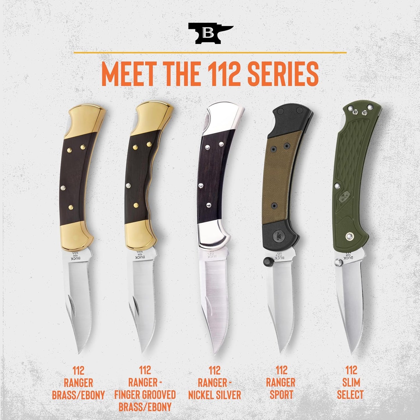 Buck Knives 112 Ranger Hunting Knife, 3" Blade, Lockback Design, Ebony Handle, Brass Bolsters, 420HC Stainless Steel Clip Point Blade, Sheath Included, Folding Knife Made in the USA, 5.6 oz