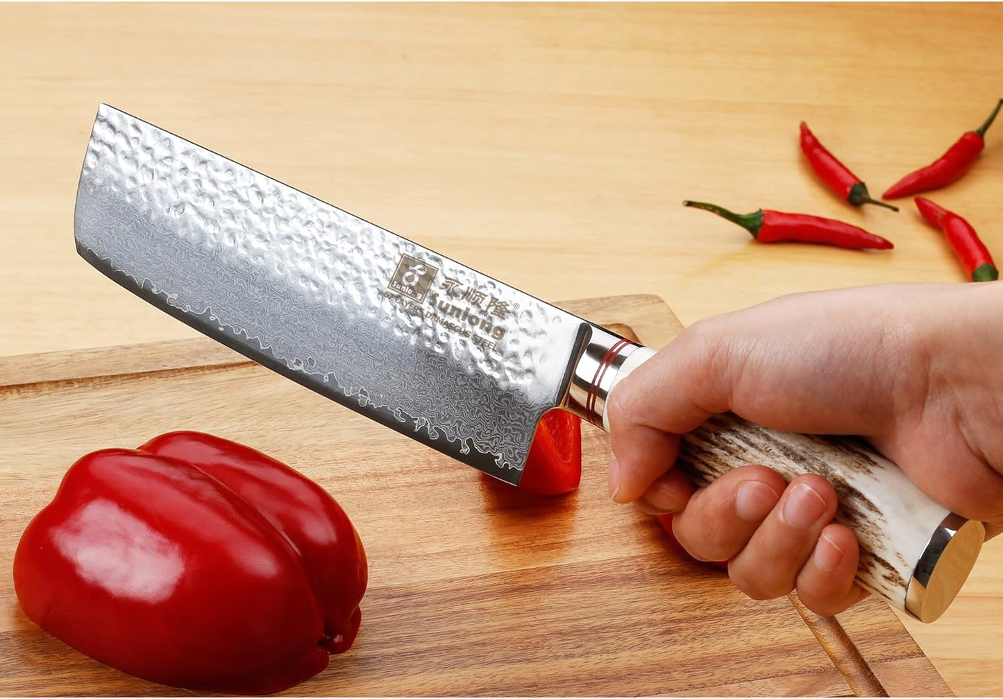 SUNLONG Usuba & Nakiri Knife 6.5 inch Fruit and Vegetable Knife Japanese Hammered Damascus Steel Super sharp - Natural Deer Horn Handle