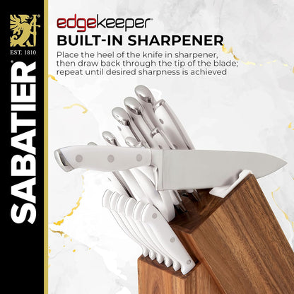 Sabatier 15-Piece Forged Triple Rivet Knife Block Set, High-Carbon Stainless Steel Kitchen Knives, Razor-Sharp Knife set with Acacia Wood Block, White Handles
