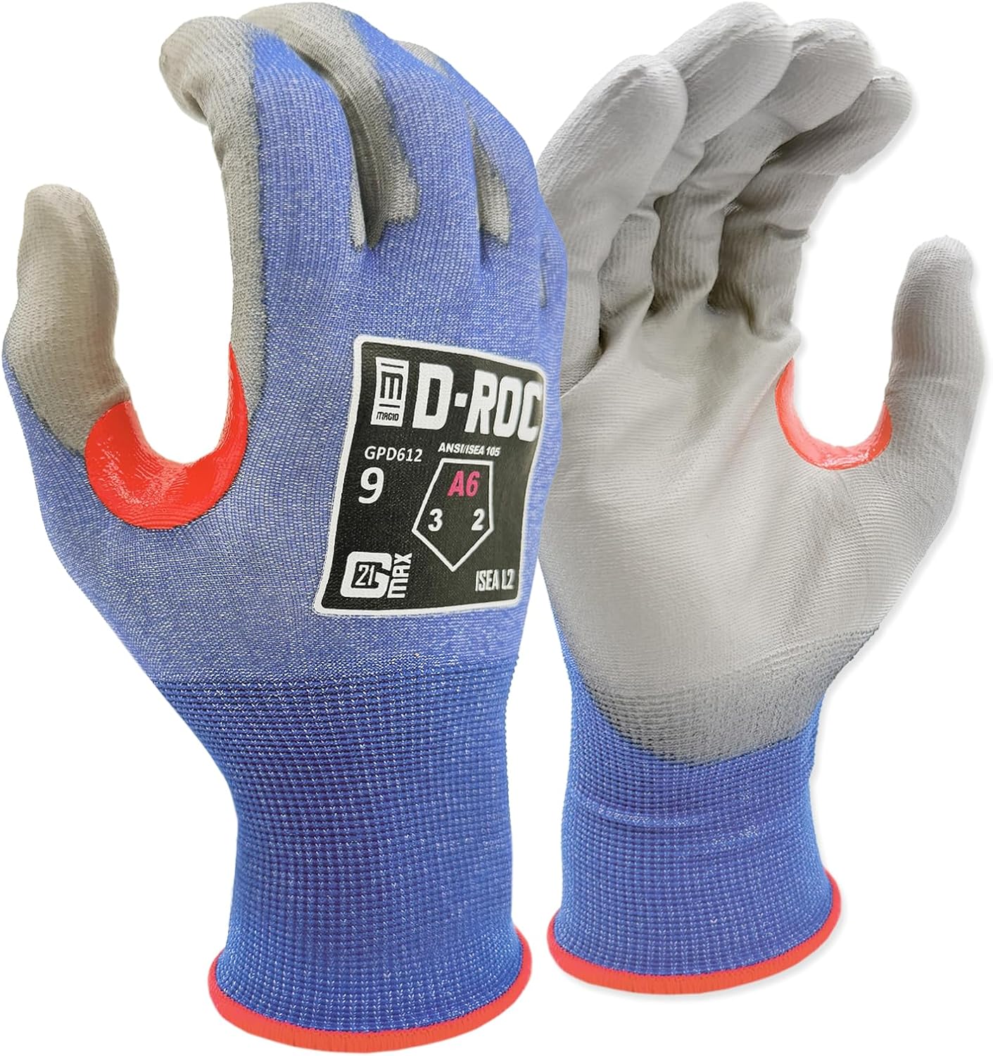MAGID D-ROC A6 Cut Resistant Work Gloves, Touchscreen, 21-Gauge Ultra-Thin PU Coated Safety Gloves for Men & Women, Assembly, Metal & Glass Handling, GPD612, Size 9 (Large), 72 Pairs