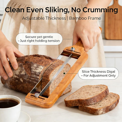 Adjustable Bread Knife for Homemade Sourdough - Precision Slicer with Thickness Guide, Serrated Stainless Steel Blade, Bow Cutter for Even Slices on Baguettes, Bagels & Sandwiches, Ideal Baker Gift