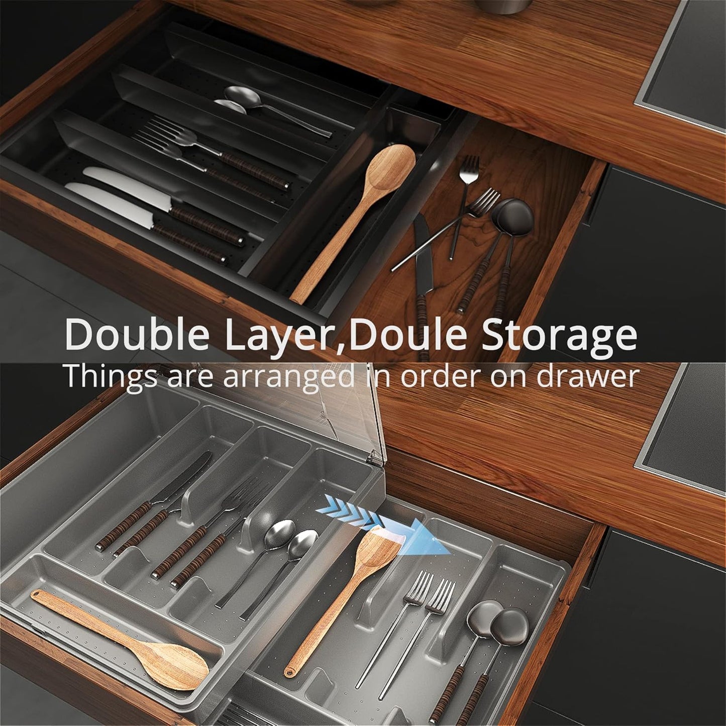 Double Layer Silverware Tray with Lid, Drawer Organizer for Utensil Tray, Cutlery Storage Holder with Cover, Black