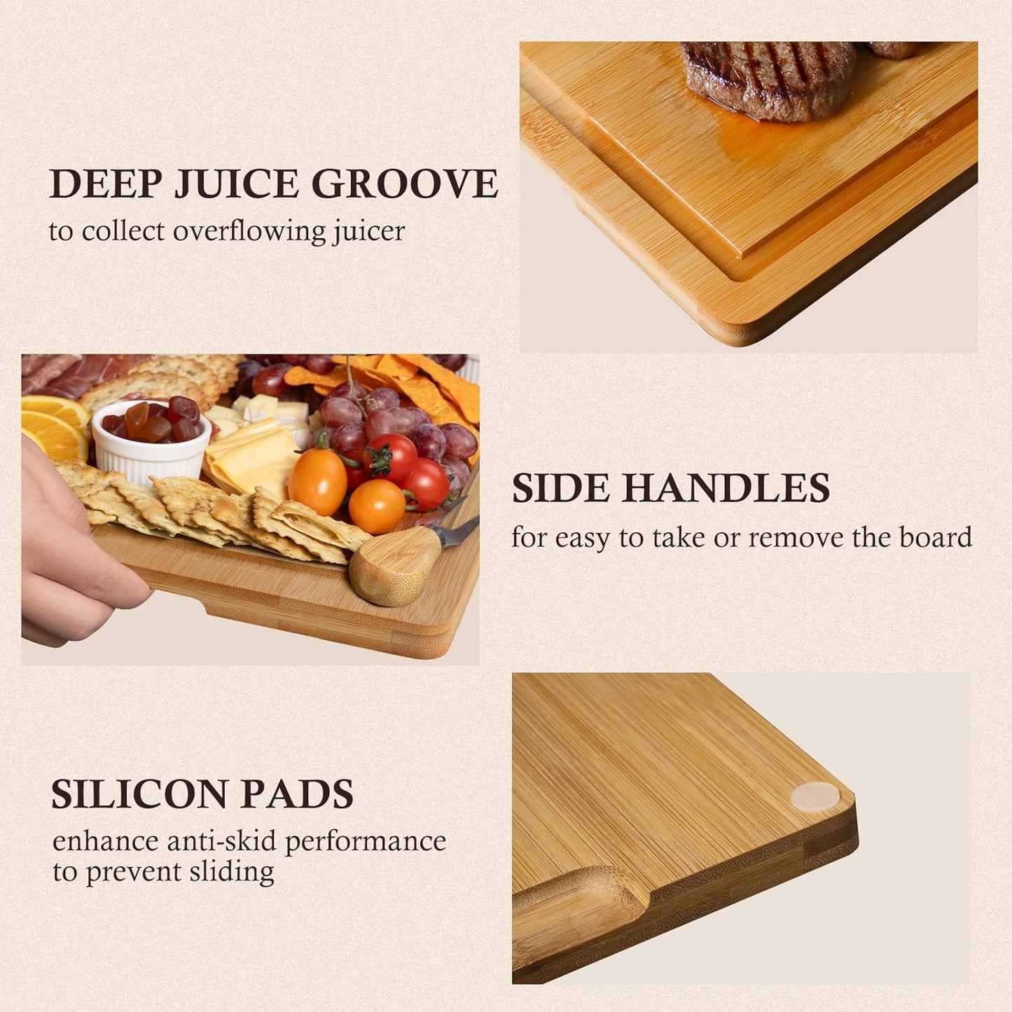 Empune Bamboo Cutting Boards for Kitchen, 3 Piece Extra Thick Cutting Board Set with Juice Groove, Deep Carbonized Bamboo Chopping Board, Reversible Wood Cutting Board for charcuterie boards, Brown