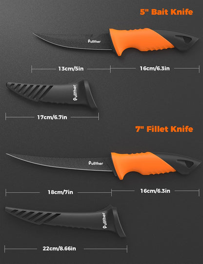 2 pcs Fillet Knife for fish,7 Inch Fillet Knives and 5 Inch Stainless Steel Fishing Bait Knife with Magnetic Protective Sheath,Fishing Gear Set with Non-Slip Handle