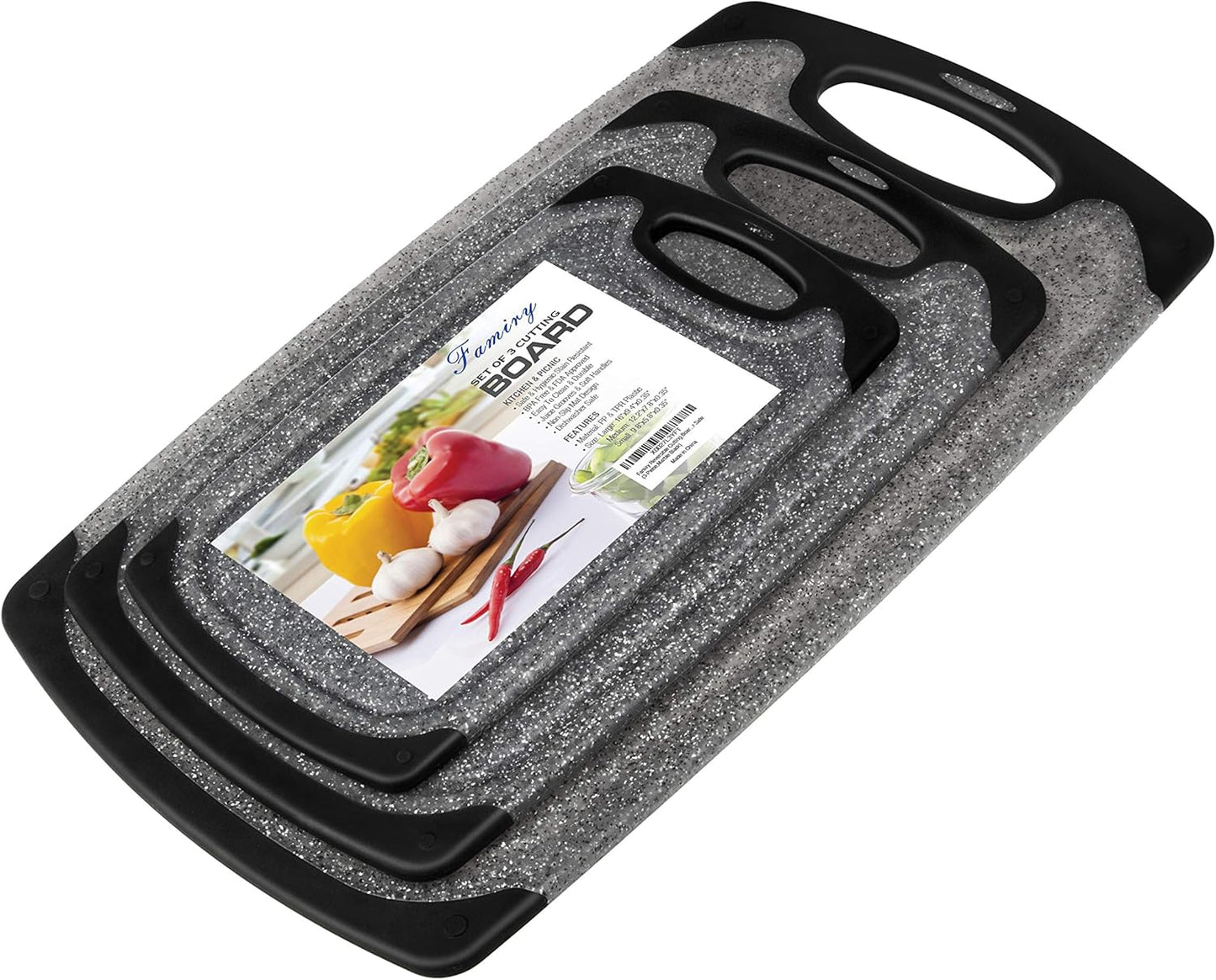Famiry Reversible Cutting Board Set of 3, Plastic Chopping Board for Kitchen, Non-Slip Design with Easy Grip Handle, Juice Grooves, BPA Free, Dishwasher Safe (3-Piece, Black)