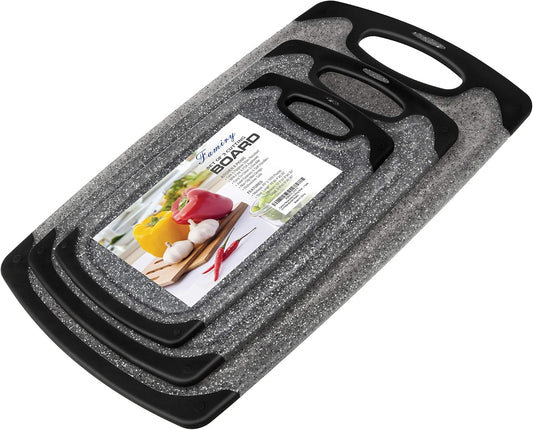 Famiry Reversible Cutting Board Set of 3, Plastic Chopping Board for Kitchen, Non-Slip Design with Easy Grip Handle, Juice Grooves, BPA Free, Dishwasher Safe (3-Piece, Black)