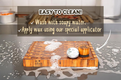 Premium Teak Wood Butcher Block Cutting Board Set - Complete Set with End Grain Board, Wood Wax & Applicator - Ideal Cutting Board Set for Home Cooks & Chefs. Improve your Cooking Experience Today