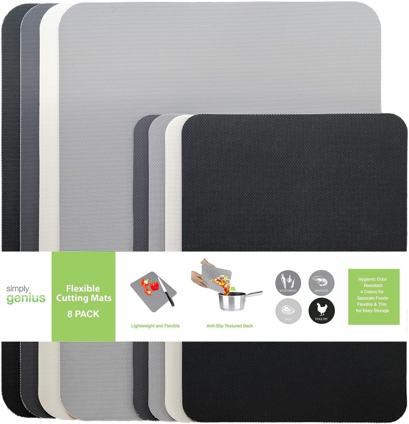 Simply Genius Plastic Cutting Boards - Flexible Color Coded Cutting Board Set - Textured Grip Odor-Resistant Dishwasher-Safe Chopping Mat - Pack of 4-8 in x 11 in - Multicolor