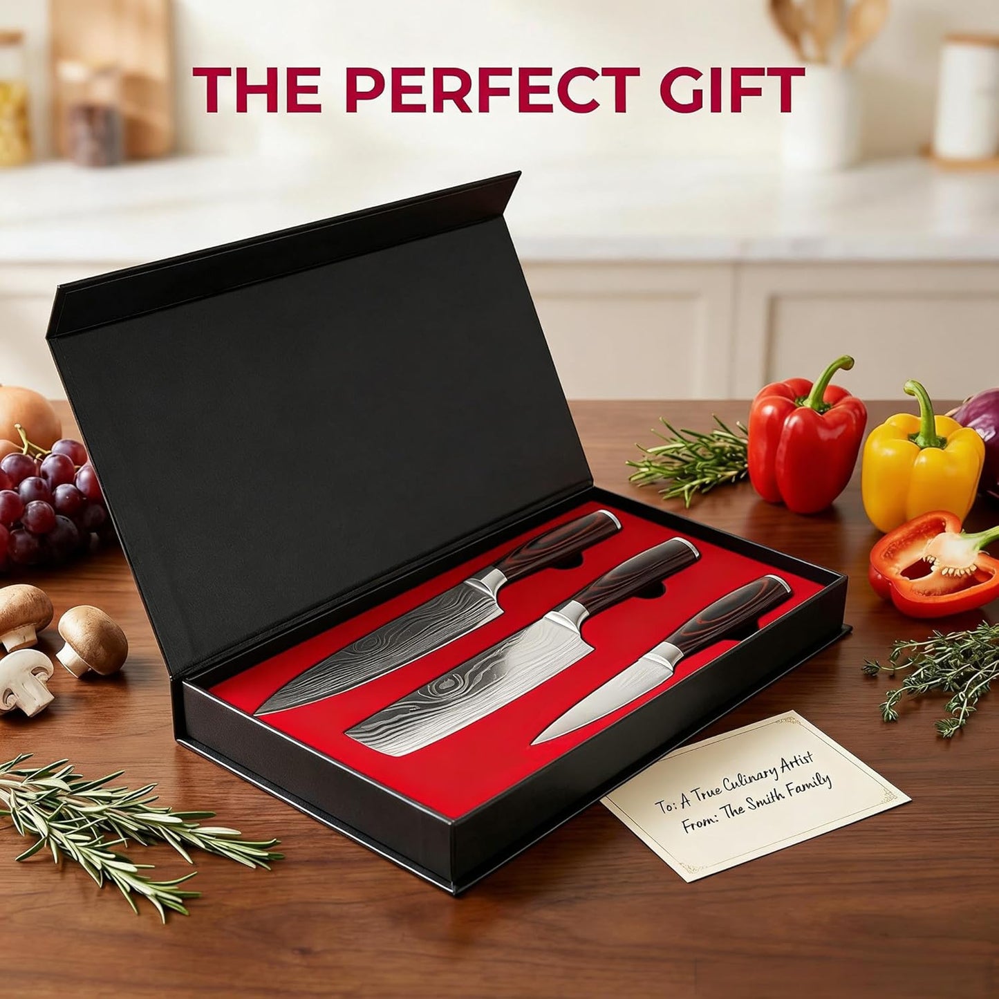 3 Pieces Knife Set, High Carbon Stainless Steel Professional Kitchen Knife Set, Ultra Sharp Chef Knives Sets with Ergonomic Wooden Handle