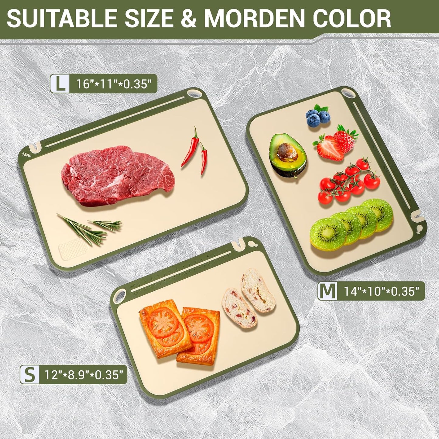 3PCS Plastic Cutting Board Set for Kitchen - Double-Sided with Built-in Juice Trough, Knife Sharpener, Non-Slip Edges, BPA-Free & Dishwasher Safe