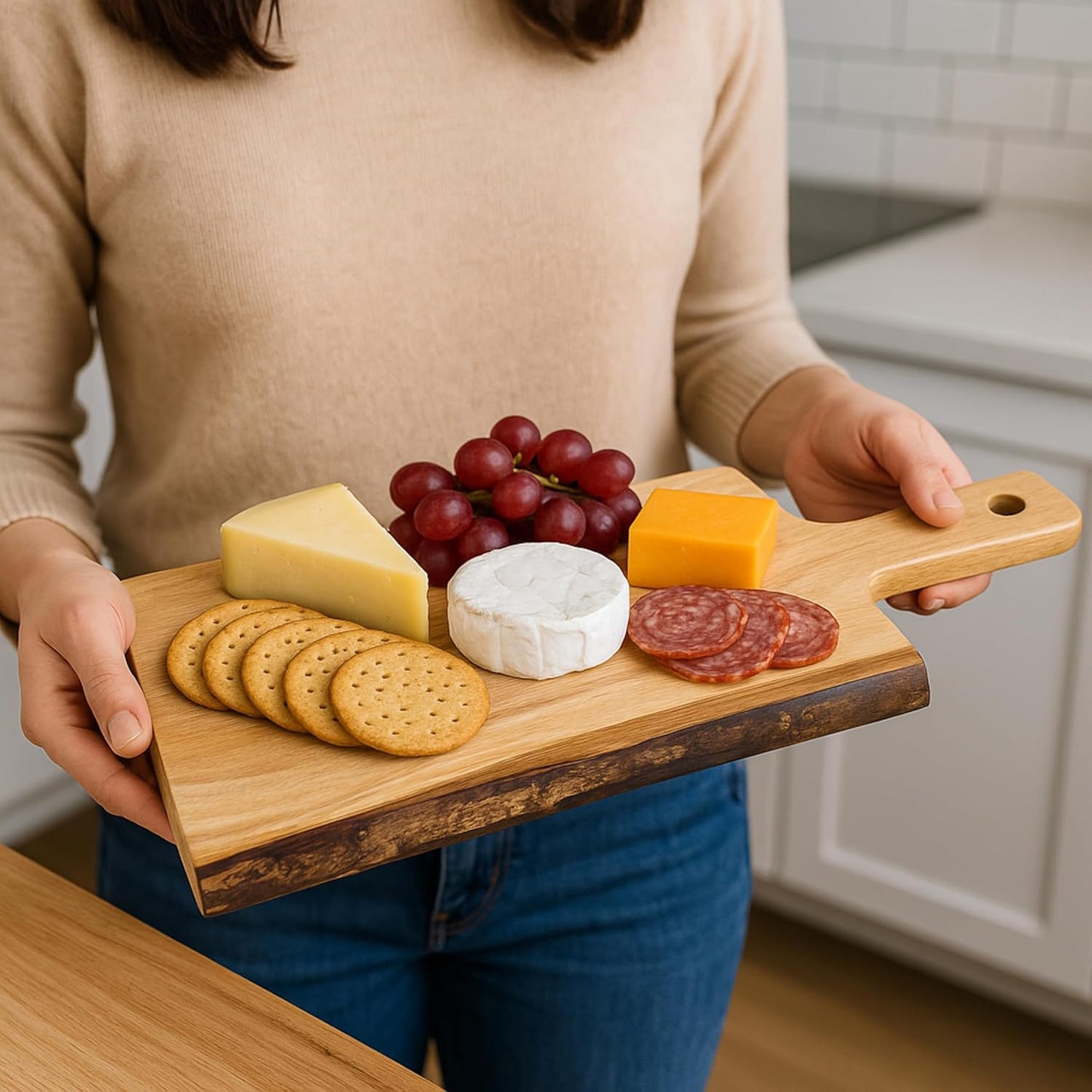 Creative Home Mahogany Wood Charcuterie Board with Live Edge, Handmade Rustic Cheese Serving Tray, Solid Hardwood Bread & Appetizer Board, 14 x 5 Inch
