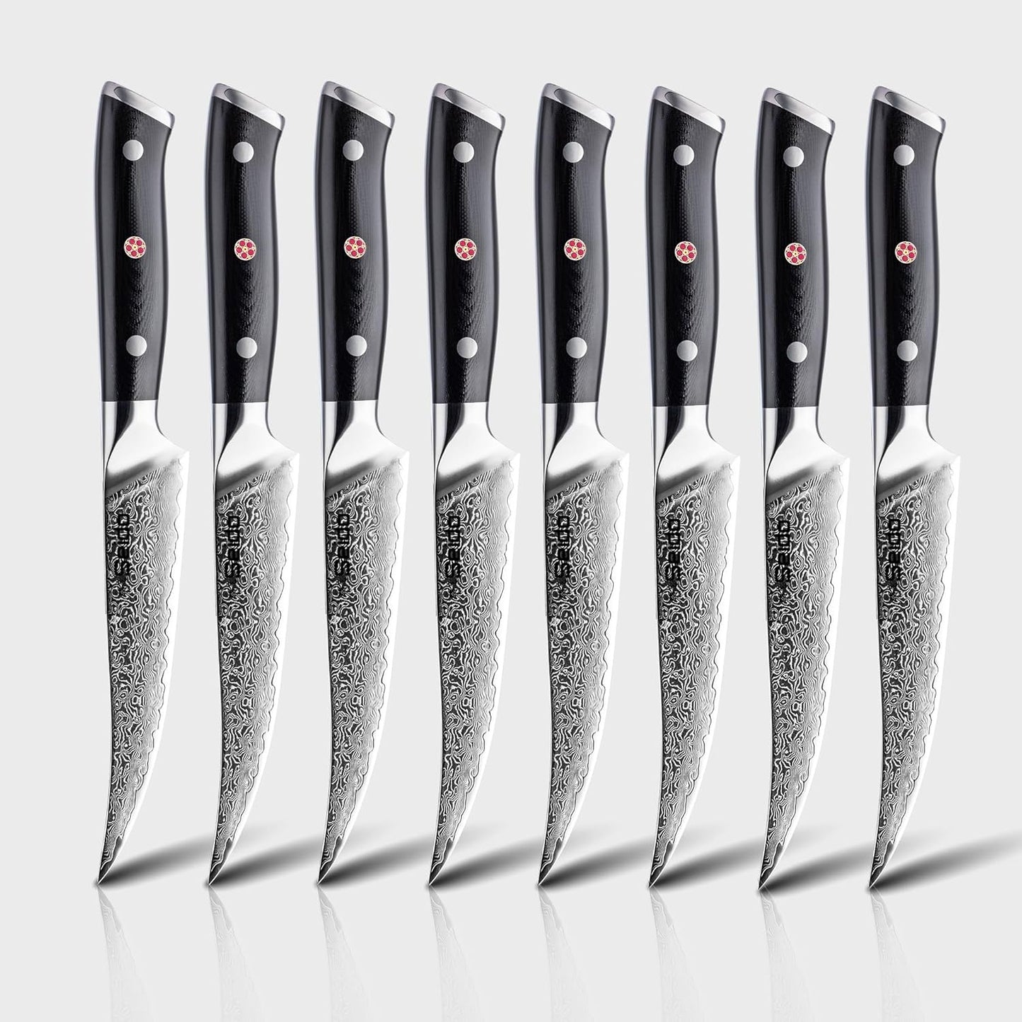 Seido Knives Shujin 8-Piece 5-Inch Steak Knife Set – Damascus Steel with Ergonomic G10 Handles