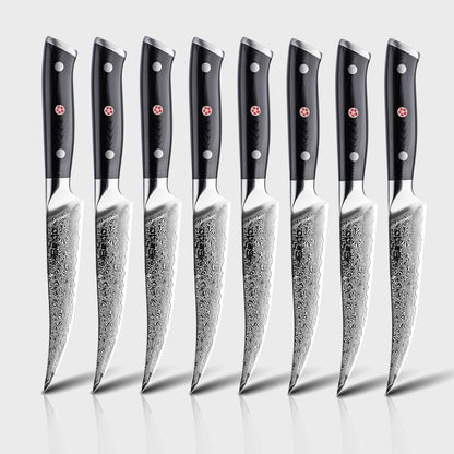 Seido Knives Shujin 8-Piece 5-Inch Steak Knife Set – Damascus Steel with Ergonomic G10 Handles