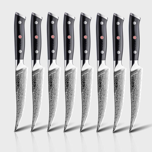 Seido Knives Shujin 8-Piece 5-Inch Steak Knife Set – Damascus Steel with Ergonomic G10 Handles