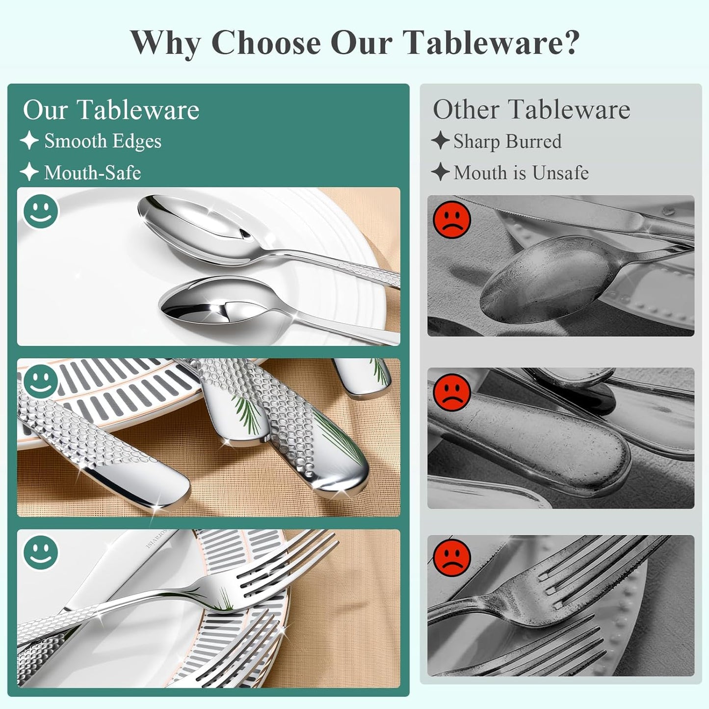 49-Piece Silverware Set with Bamboo Organizer for 8, Heavy-Duty Flatware Set with Steak Knives, Rust-Proof & Mirror Polished, Dishwasher Safe,Modern Hammered(organizer only for packaging)