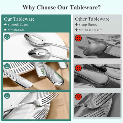 49-Piece Silverware Set with Bamboo Organizer for 8, Heavy-Duty Flatware Set with Steak Knives, Rust-Proof & Mirror Polished, Dishwasher Safe,Modern Hammered(organizer only for packaging)