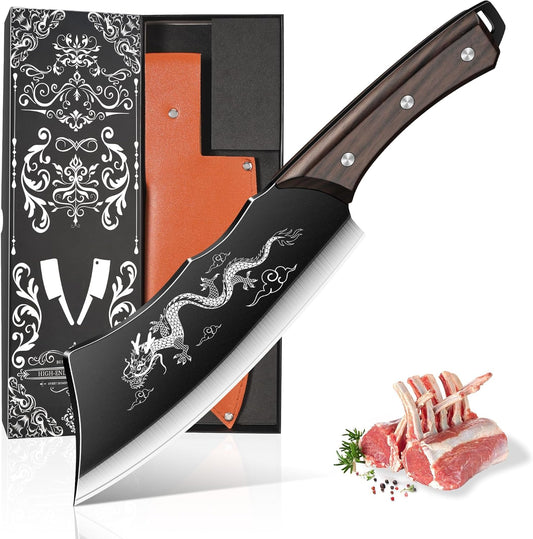 Plys 8 Inch Meat Cleaver Knife, High Carbon Steel Dragon Butcher Knife with Leather Sheath, Razor Sharp Full Tang Chopper for Kitchen Outdoor Camping BBQ, Gift for Men Women