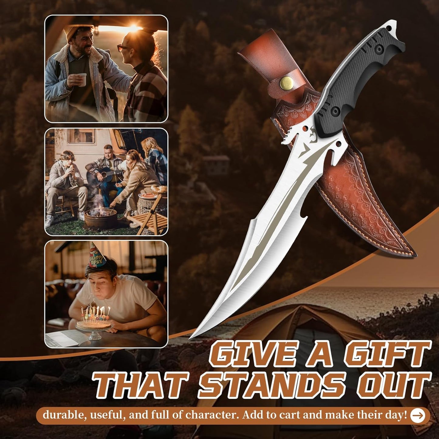 Purple Dragon Camping Fixed Blade Knife with Sheath,6 Inch Outdoor Knife Full Tang 440C Steel Bushcraft Knives with Redwood Handle-Outdoor Gear Christmas Gift for Men and Women Black