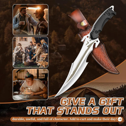 Purple Dragon Camping Fixed Blade Knife with Sheath,6 Inch Outdoor Knife Full Tang 440C Steel Bushcraft Knives with Redwood Handle-Outdoor Gear Christmas Gift for Men and Women Black