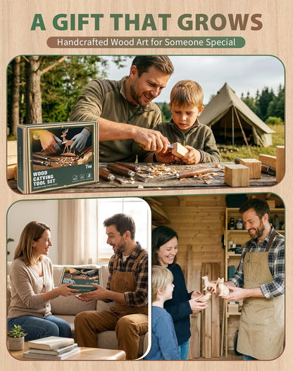T98 28Pcs Wood Carving Kit & Whittling Tools Set – Deluxe Woodworking Hobby Kit with 8 Carving Knives, 5 Basswood Blocks, 4 Templates, Leather Bag & Safety Gear – DIY Craft Gift for Beginners & Adults