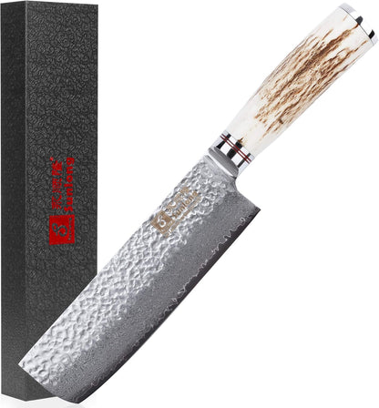 SUNLONG Usuba & Nakiri Knife 6.5 inch Fruit and Vegetable Knife Japanese Hammered Damascus Steel Super sharp - Natural Deer Horn Handle