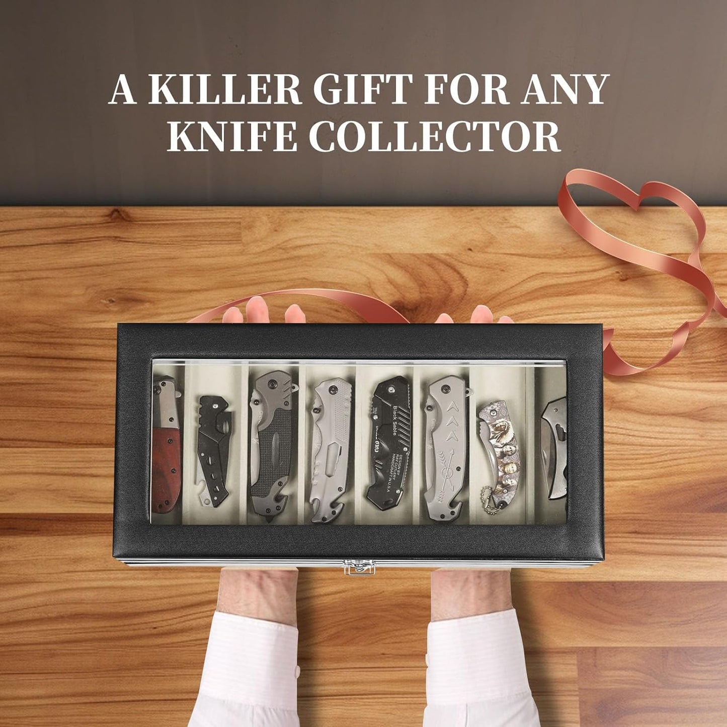 AUTOARK 2-Tier PU Leather & Velvet Knife Organizer with 17 Slots,Transparent Glass Top & Drawer,Compact Storage for Pocket Knives,Perfect for Men's Collections & Gifts,Coffee,MKAW012