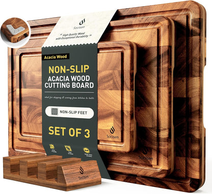 End Grain Cutting Board for Kitchen with Non-slip Feet, Acacia Wood Heavy Duty Checkered Cutting Board Upgraded Chopping Board with Juice Groove & Handle Large Wooden Butcher Block with Gift Box