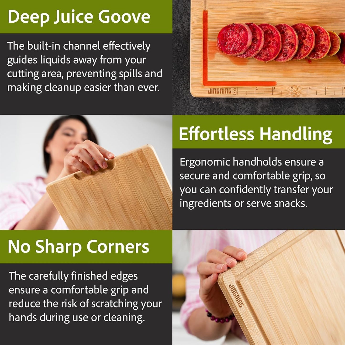 JINGNING Deep-Carbonized Bamboo Cutting Board Set for Kitchen with Wood Storage Stand, Deep Juice Grooves, Easy-Grip Handles & Non-Slip Pads, Premium Kitchen Gift
