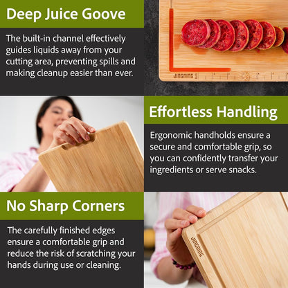 JINGNING Deep-Carbonized Bamboo Cutting Board Set for Kitchen with Wood Storage Stand, Deep Juice Grooves, Easy-Grip Handles & Non-Slip Pads, Premium Kitchen Gift