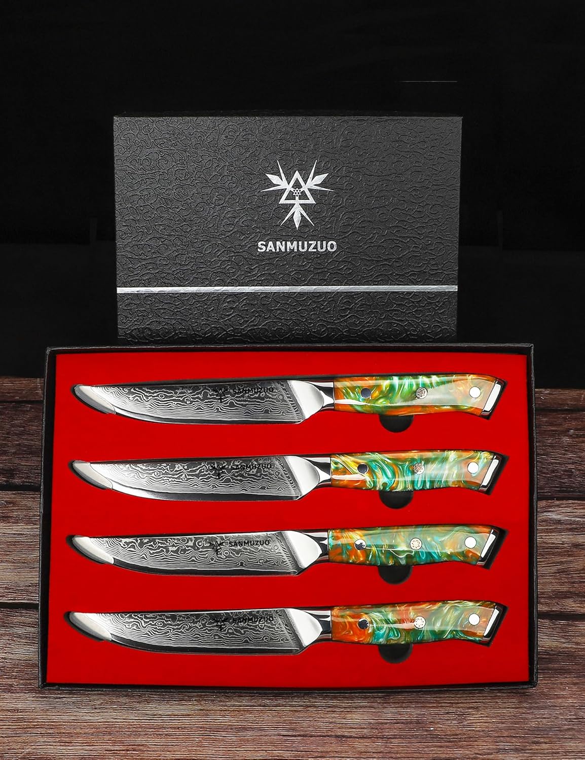 Steak Knives Set of 4, Ultra Sharp Non Serrated Kitchen Steak Knife 5 Inch - Damascus Steel & Resin Handle - Xuan Series (Sapphire Blue)