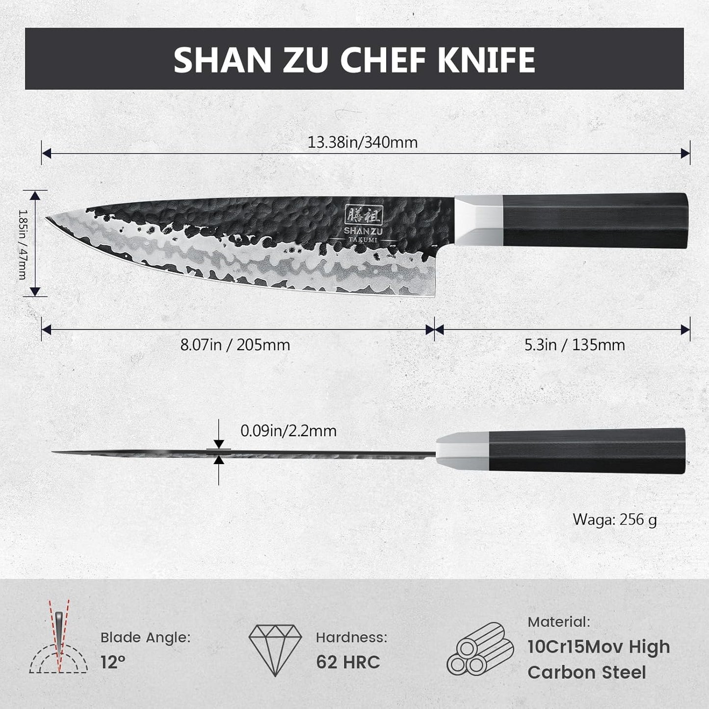 SHAN ZU Japanese Chef Knife 8 Inch, High Carbon Steel 10Cr15Mov Professional Kitchen Knife, Sharp Cooking Knife with G10 Handle Dishwasher Safe, Meat Cutting Gyuto Knife, Gifts for Women & Men
