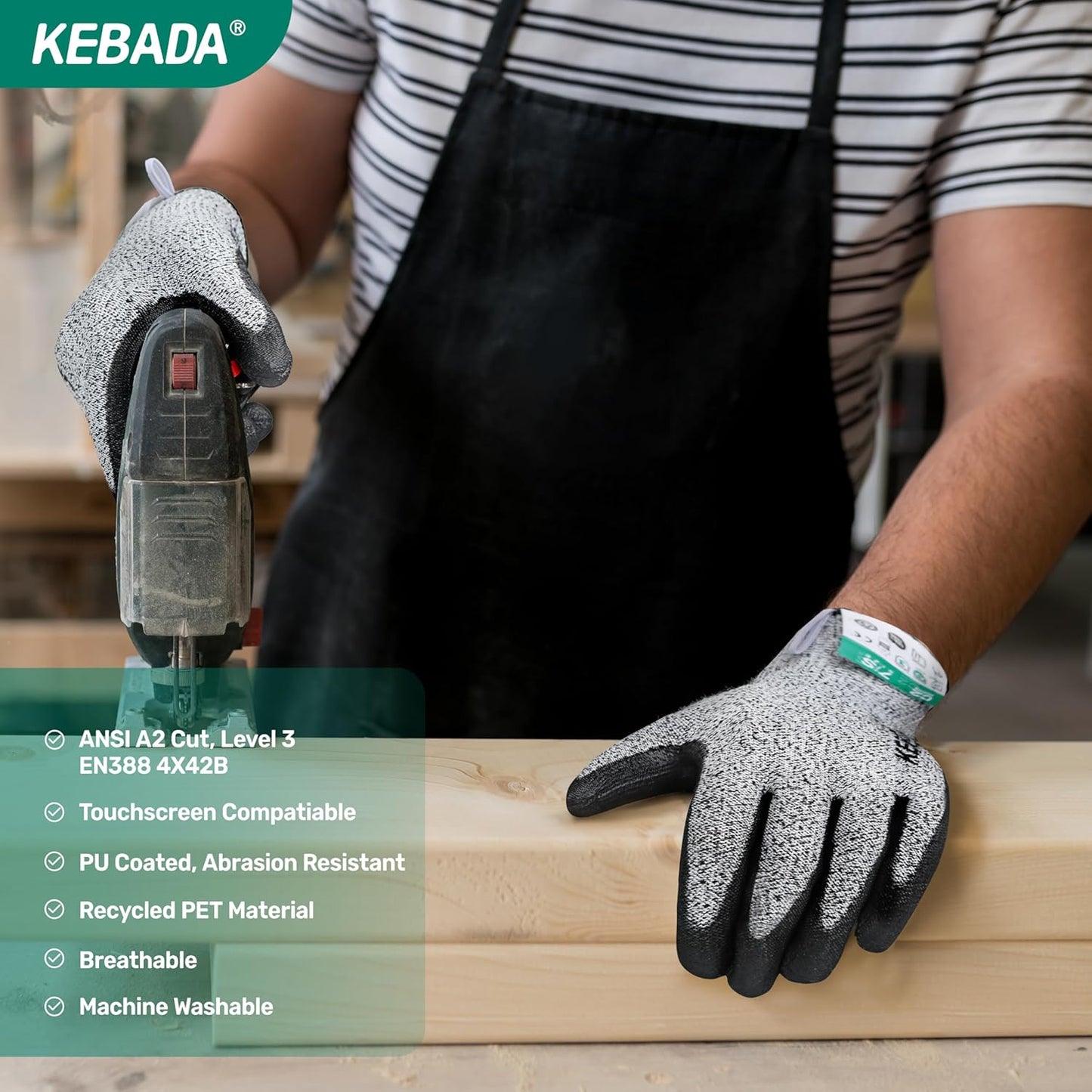 Kebada Cut Resistant Gloves, ANSI A2 Cutting Glove, PU Coated, Touchscreen, Multi-Purpose Model C2, 3 Pairs, Large