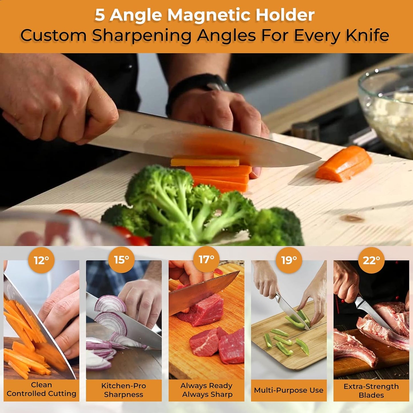 Rolling Knife Sharpener – Professional Kitchen Knife Sharpener- Manual Tumbler Knife Sharpener with 5 Magnetic Angle Guidance for Home & Chef Use.
